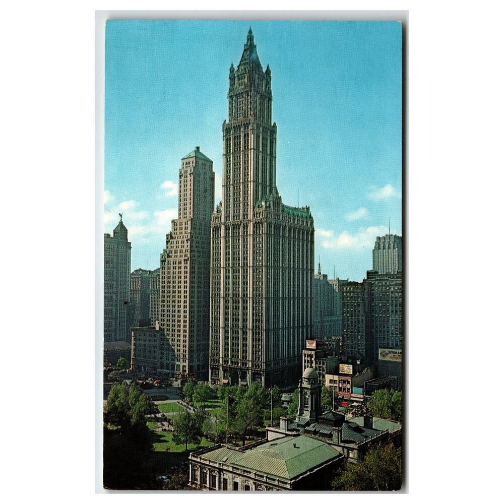 Vintage Woolworth Building NYC Postcard - City Hall Park Landmark View